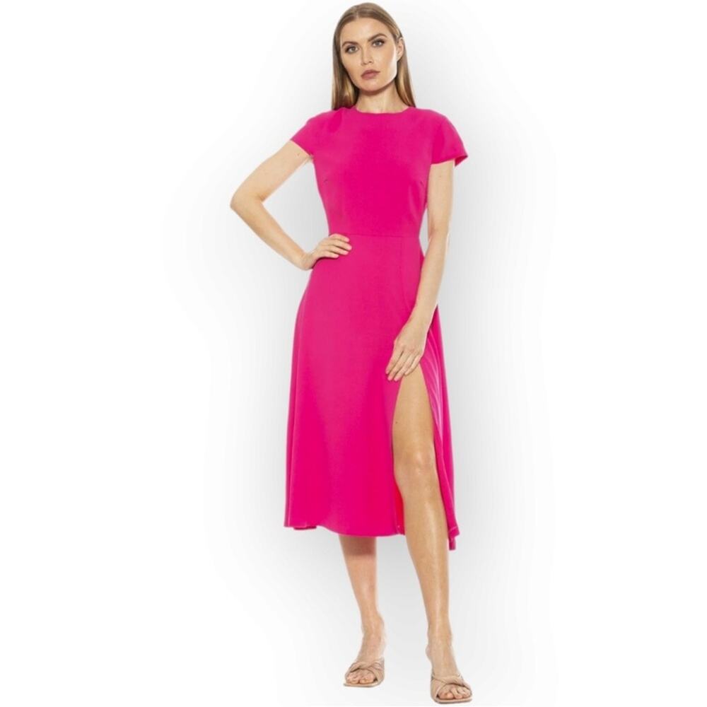 Alexia Admor | Lily Midi Dress Leg Slit Short Cap Sleeves Bright Pink 14 NWT